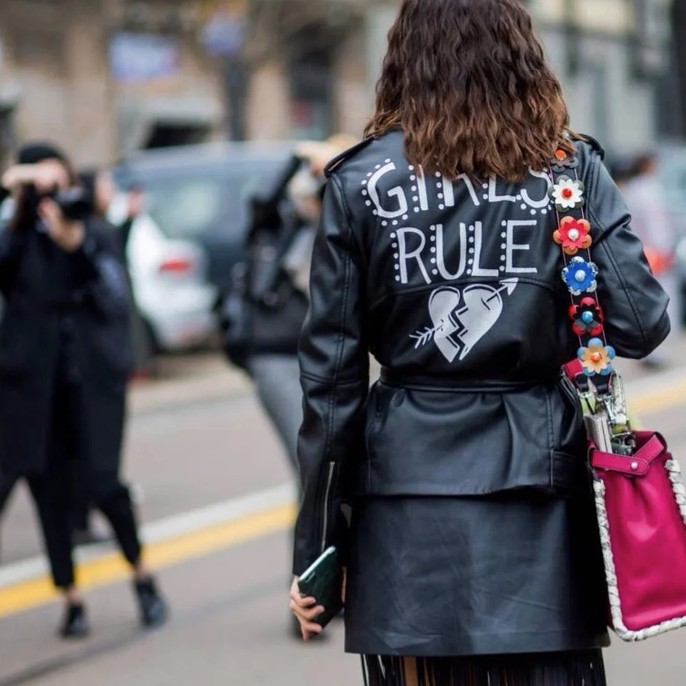 Zara Vegan Leather Edgy Moto Biker Jacket XS Girls Rule Slogan Bloggers Favorite - Picture 10 of 16